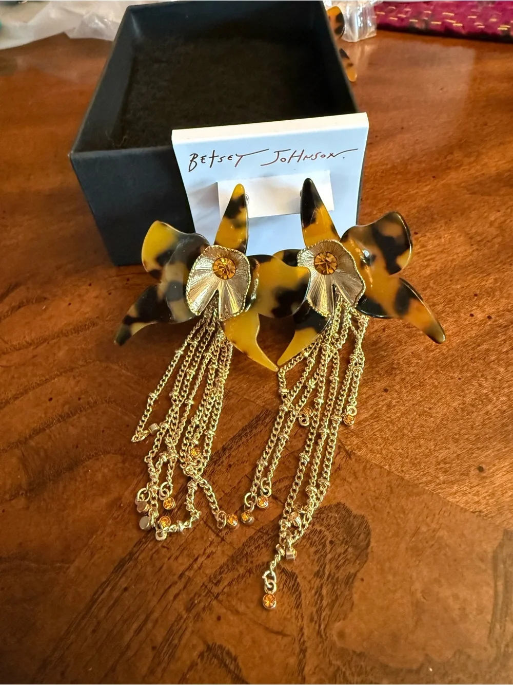 Betsey Johnson Tortoiseshell Amber Floral Drop Earrings with Gold Chains